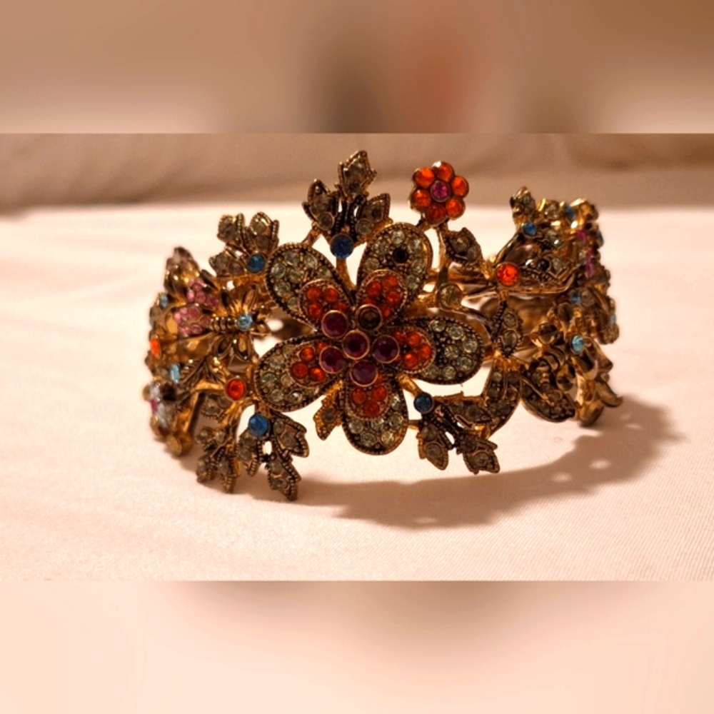 Ornate floral multi colored crystal hinge bracelet